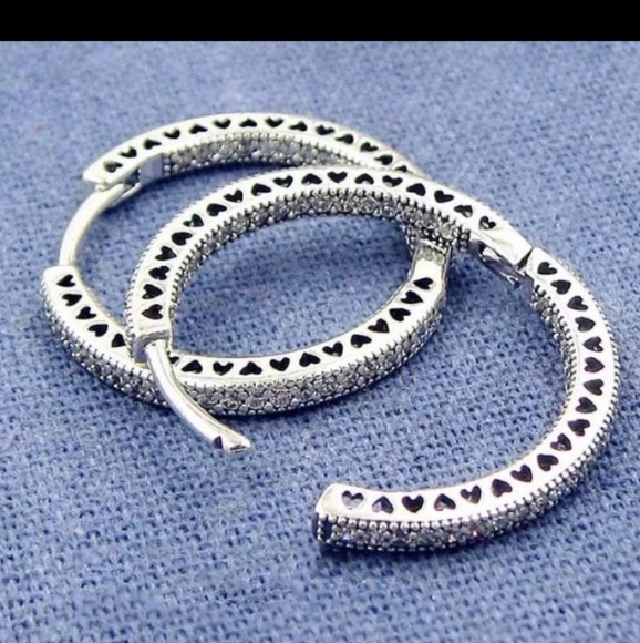 New Pandora Sparkle & Hearts Hoop Earrings for Blue Cup - Picture 2 of 5